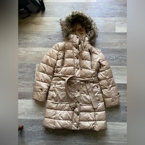 Women's Lucky Brand Tan Puffer Coat with Faux Fur Hood